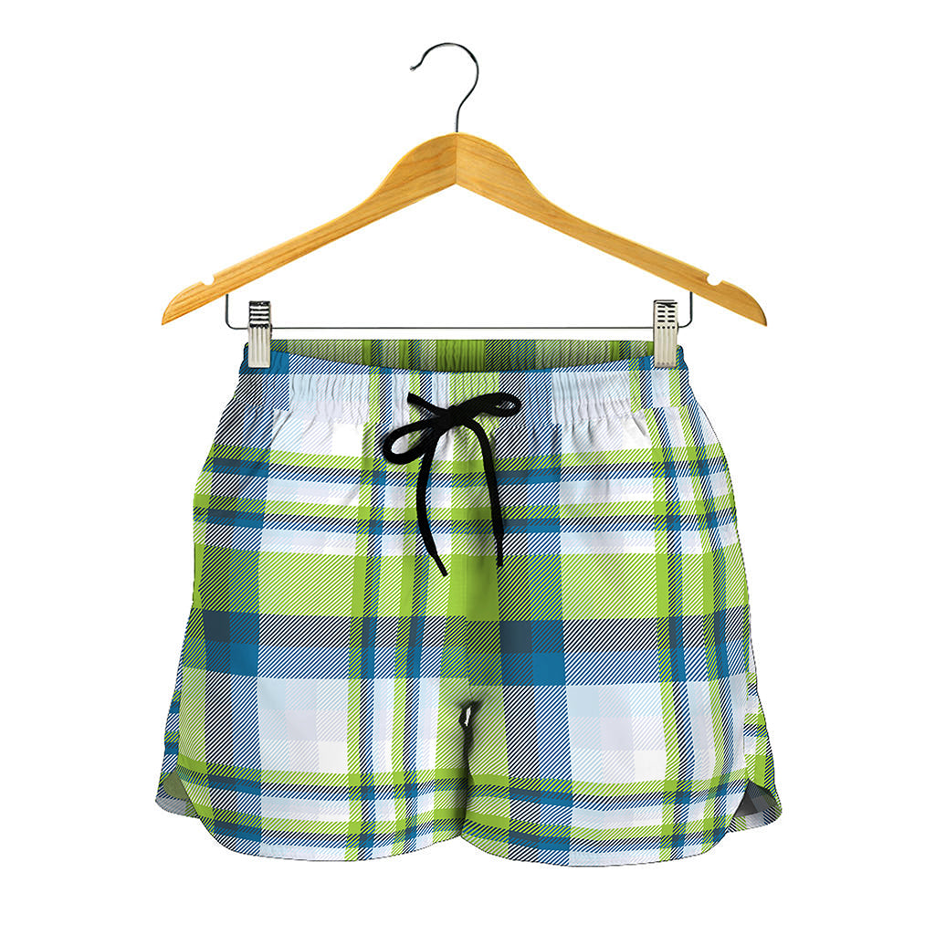 Lime And Blue Madras Plaid Print Women's Shorts