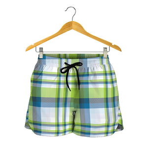 Lime And Blue Madras Plaid Print Women's Shorts