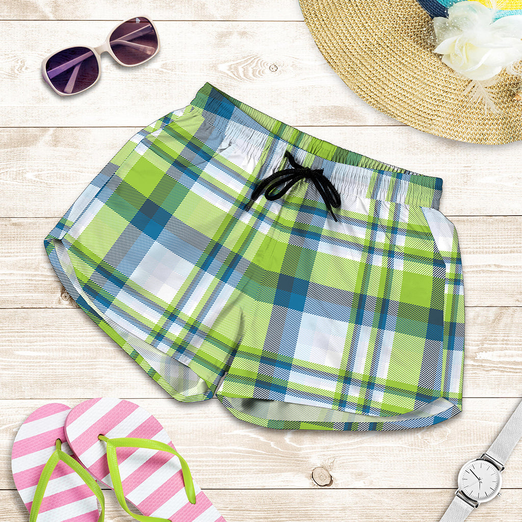 Lime And Blue Madras Plaid Print Women's Shorts