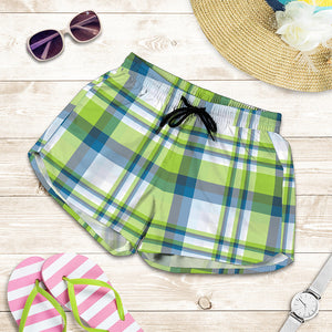 Lime And Blue Madras Plaid Print Women's Shorts