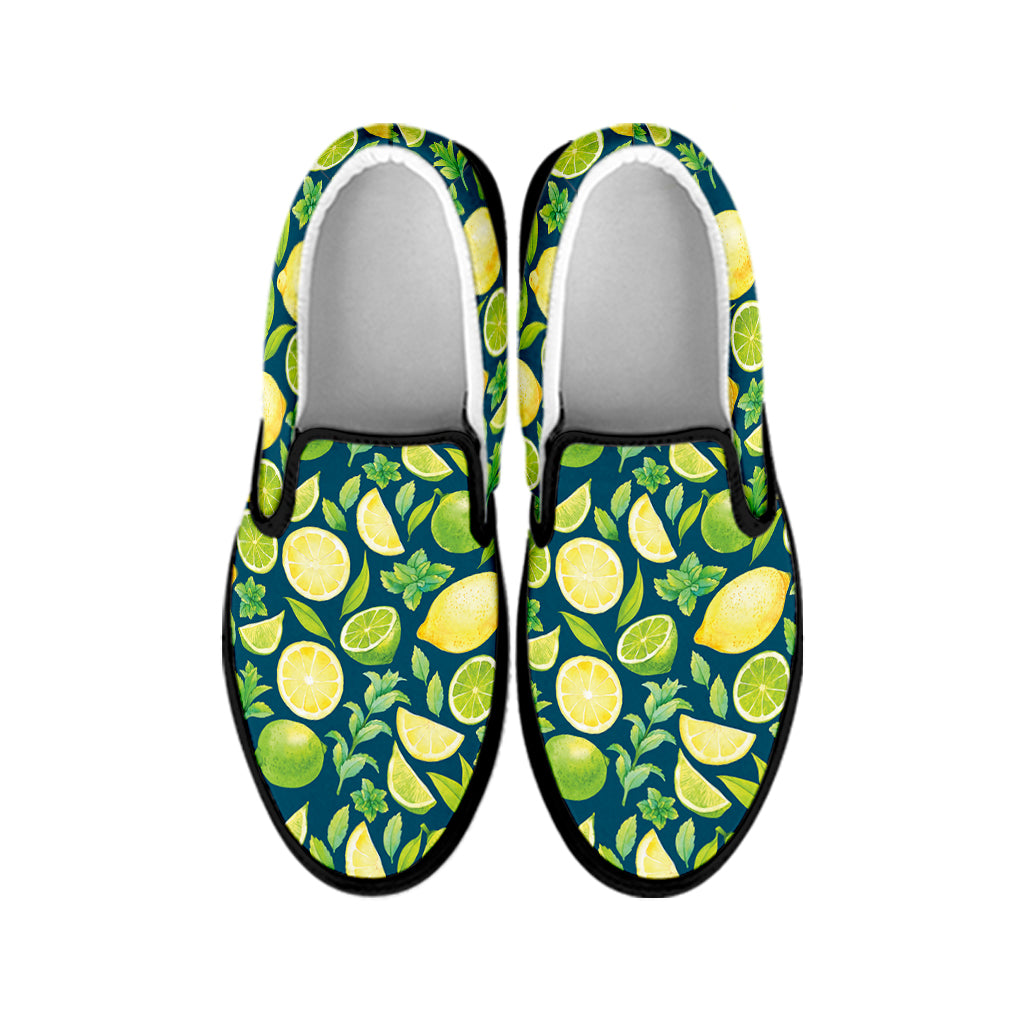 Lime And Lemon Pattern Print Black Slip On Shoes