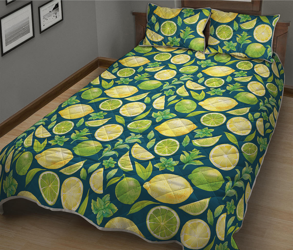 Lime And Lemon Pattern Print Quilt Bed Set