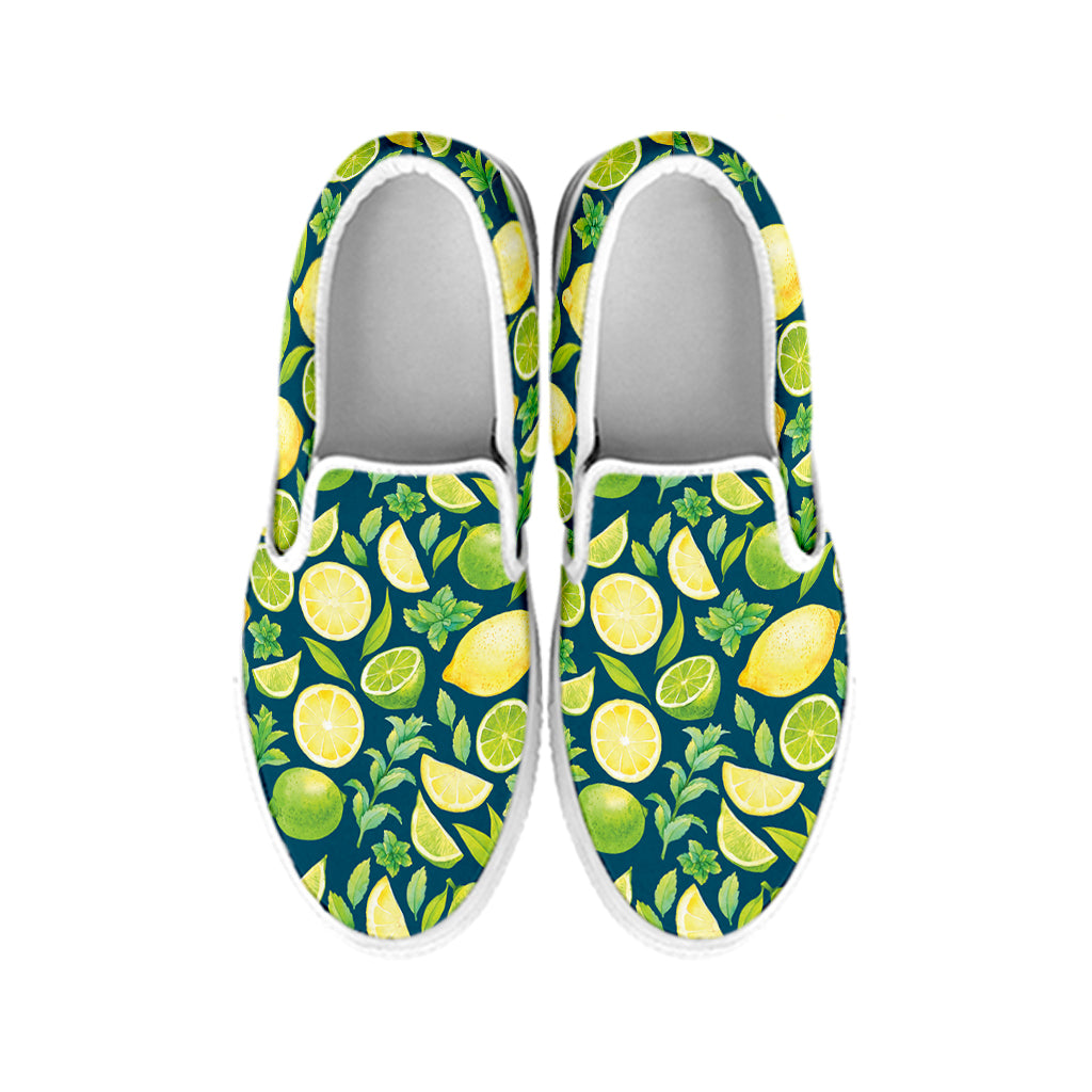 Lime And Lemon Pattern Print White Slip On Shoes