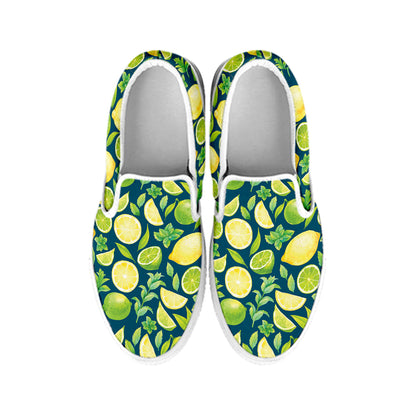 Lime And Lemon Pattern Print White Slip On Shoes