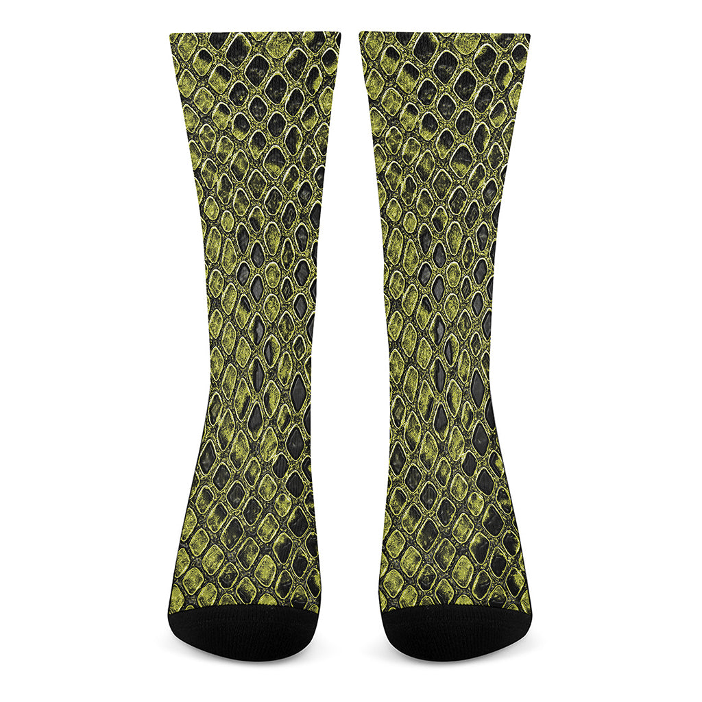 Lime Green And Black Snakeskin Print Crew Socks