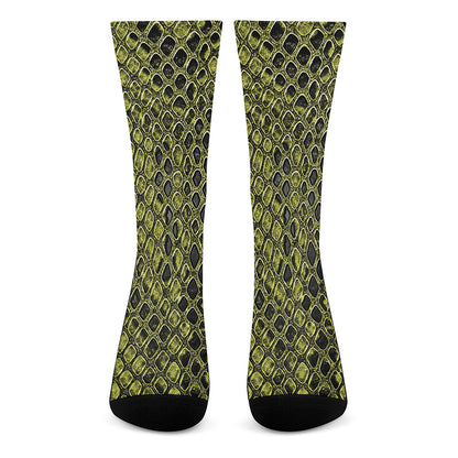 Lime Green And Black Snakeskin Print Crew Socks