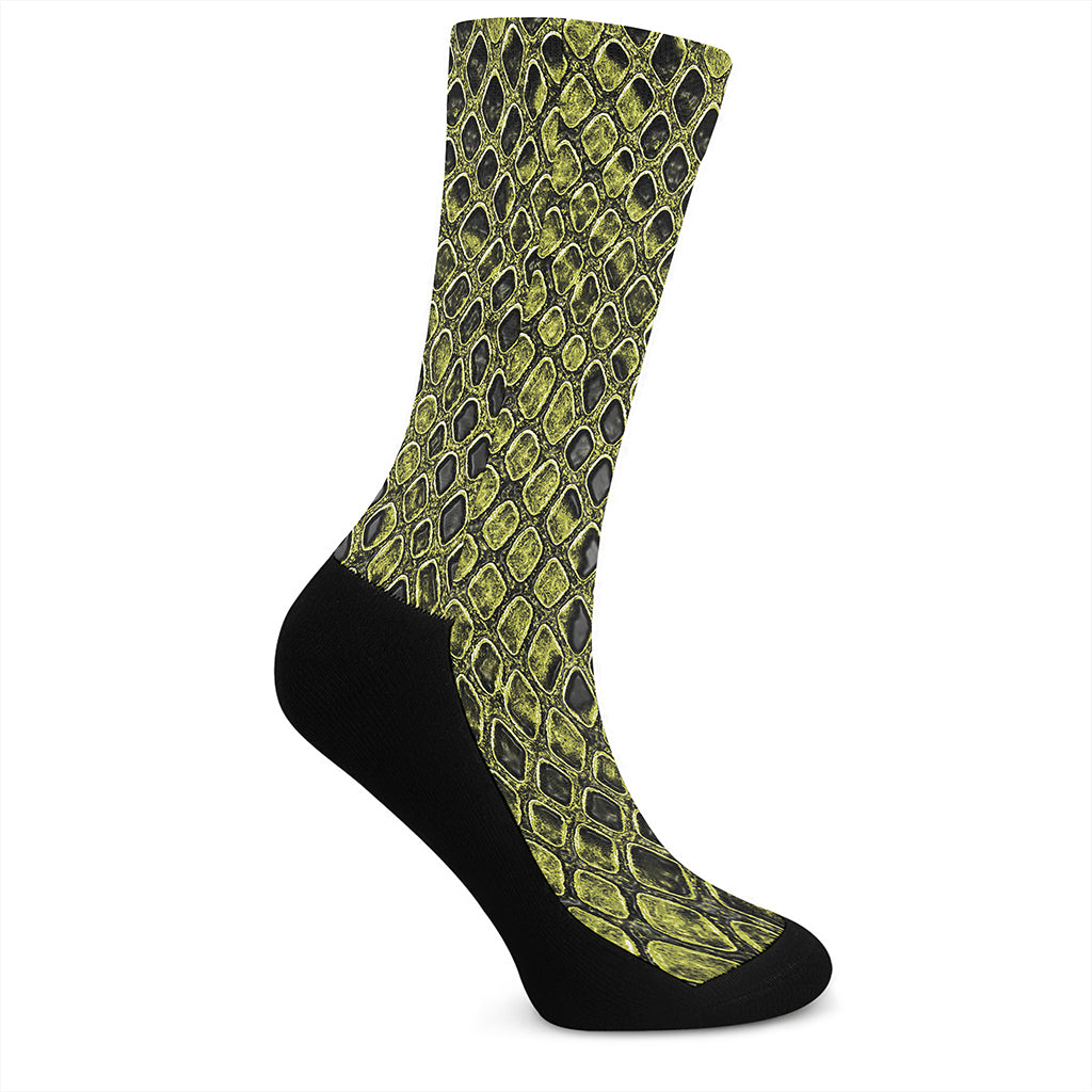 Lime Green And Black Snakeskin Print Crew Socks
