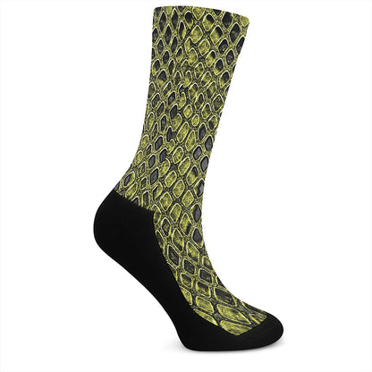 Lime Green And Black Snakeskin Print Crew Socks
