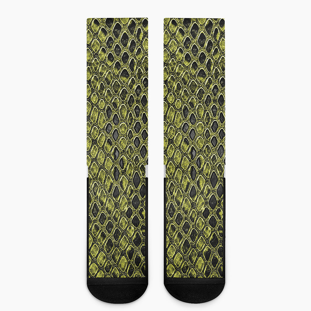 Lime Green And Black Snakeskin Print Crew Socks