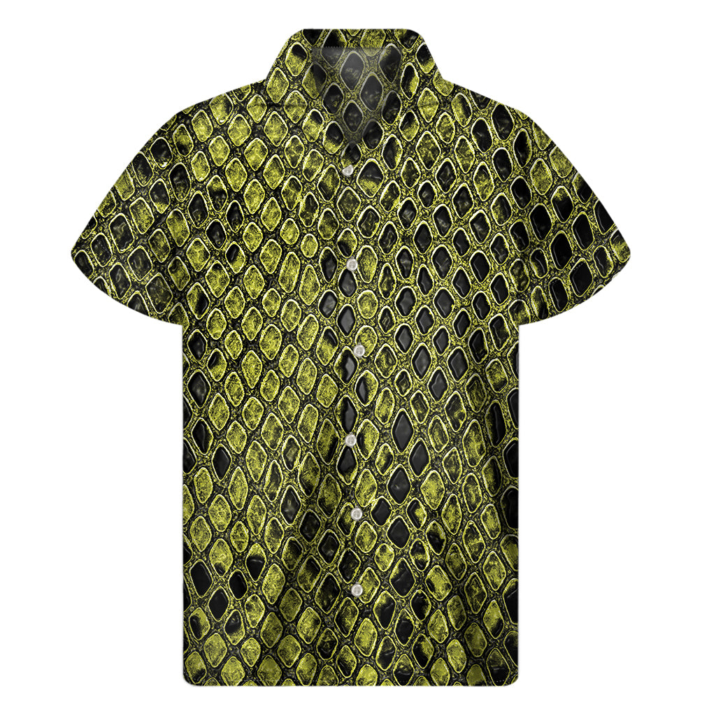 Lime Green And Black Snakeskin Print Men's Short Sleeve Shirt