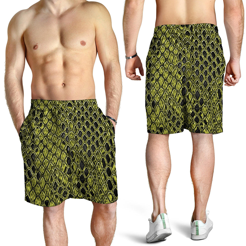 Lime Green And Black Snakeskin Print Men's Shorts