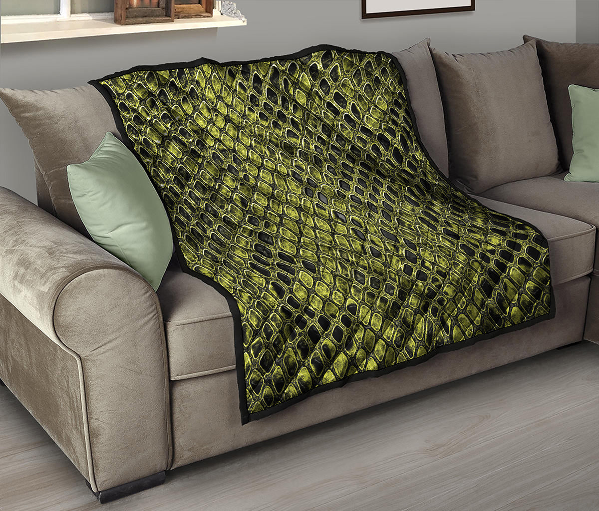 Lime Green And Black Snakeskin Print Quilt