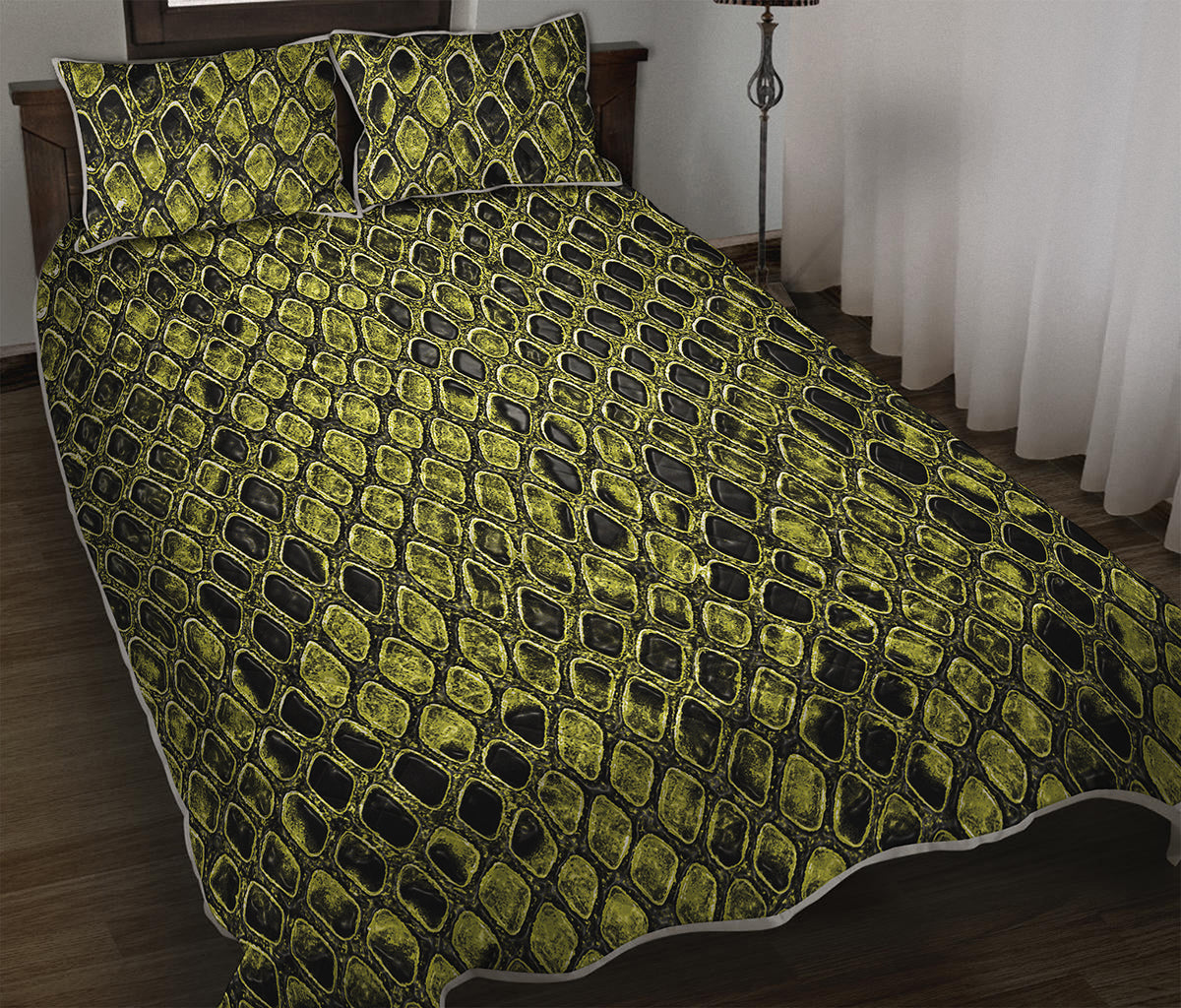 Lime Green And Black Snakeskin Print Quilt Bed Set