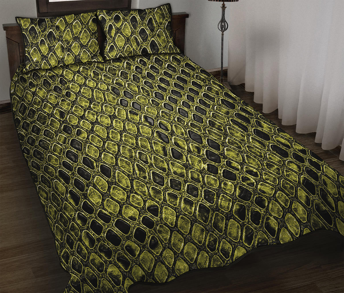 Lime Green And Black Snakeskin Print Quilt Bed Set