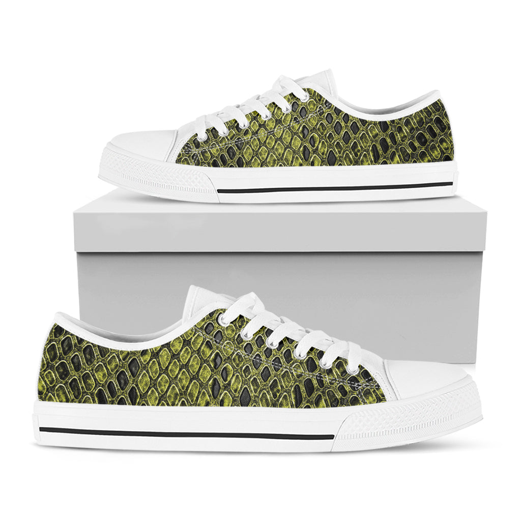 Lime Green And Black Snakeskin Print White Low Top Shoes