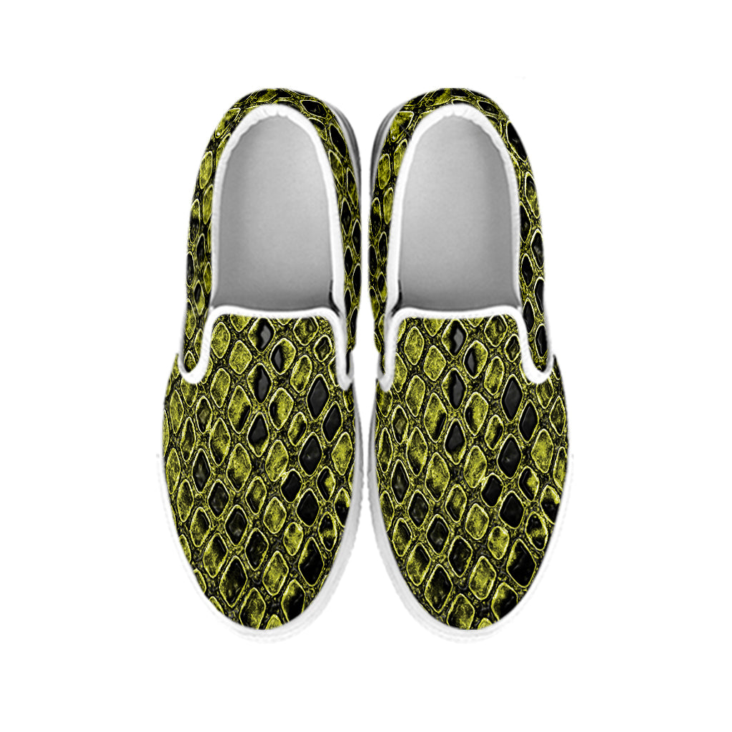 Lime Green And Black Snakeskin Print White Slip On Shoes