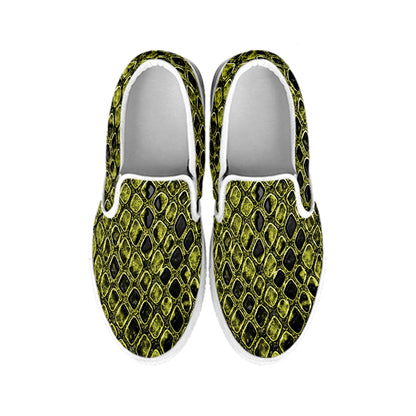 Lime Green And Black Snakeskin Print White Slip On Shoes