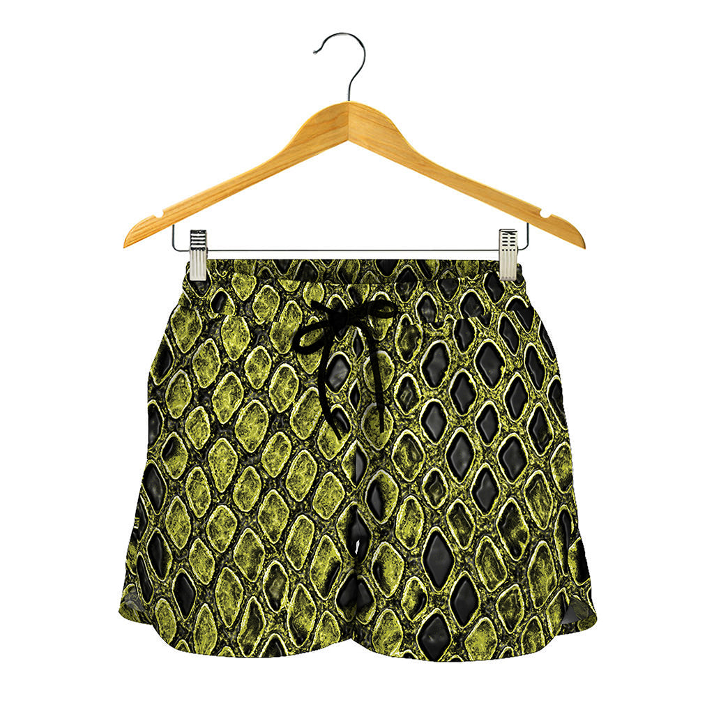 Lime Green And Black Snakeskin Print Women's Shorts