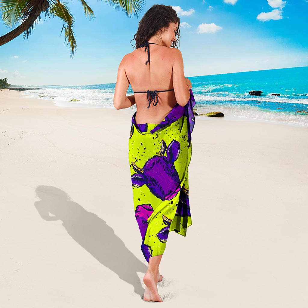 Lime Green And Purple Cow Pattern Print Beach Sarong Wrap
