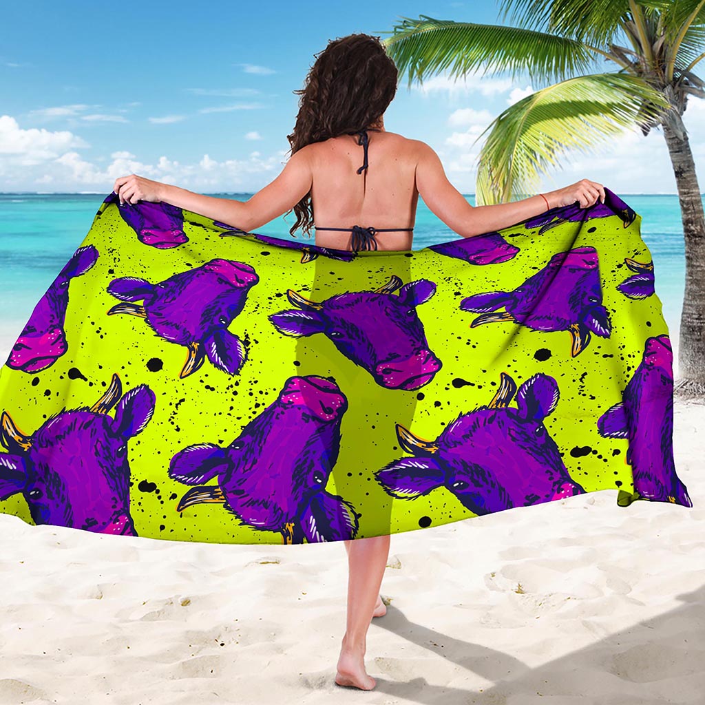 Lime Green And Purple Cow Pattern Print Beach Sarong Wrap