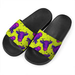 Lime Green And Purple Cow Pattern Print Black Slide Sandals