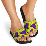 Lime Green And Purple Cow Pattern Print Black Slide Sandals