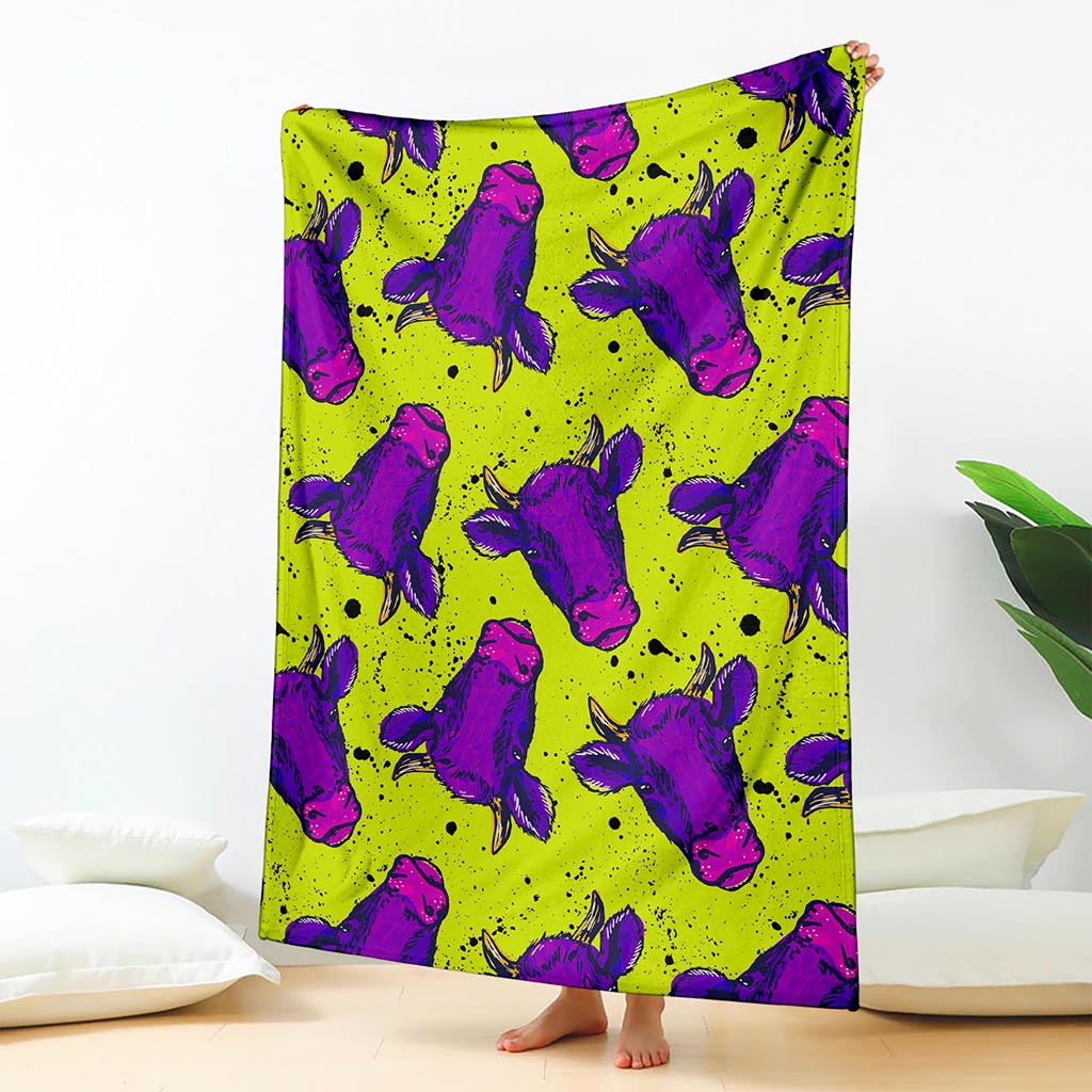 Lime Green And Purple Cow Pattern Print Blanket