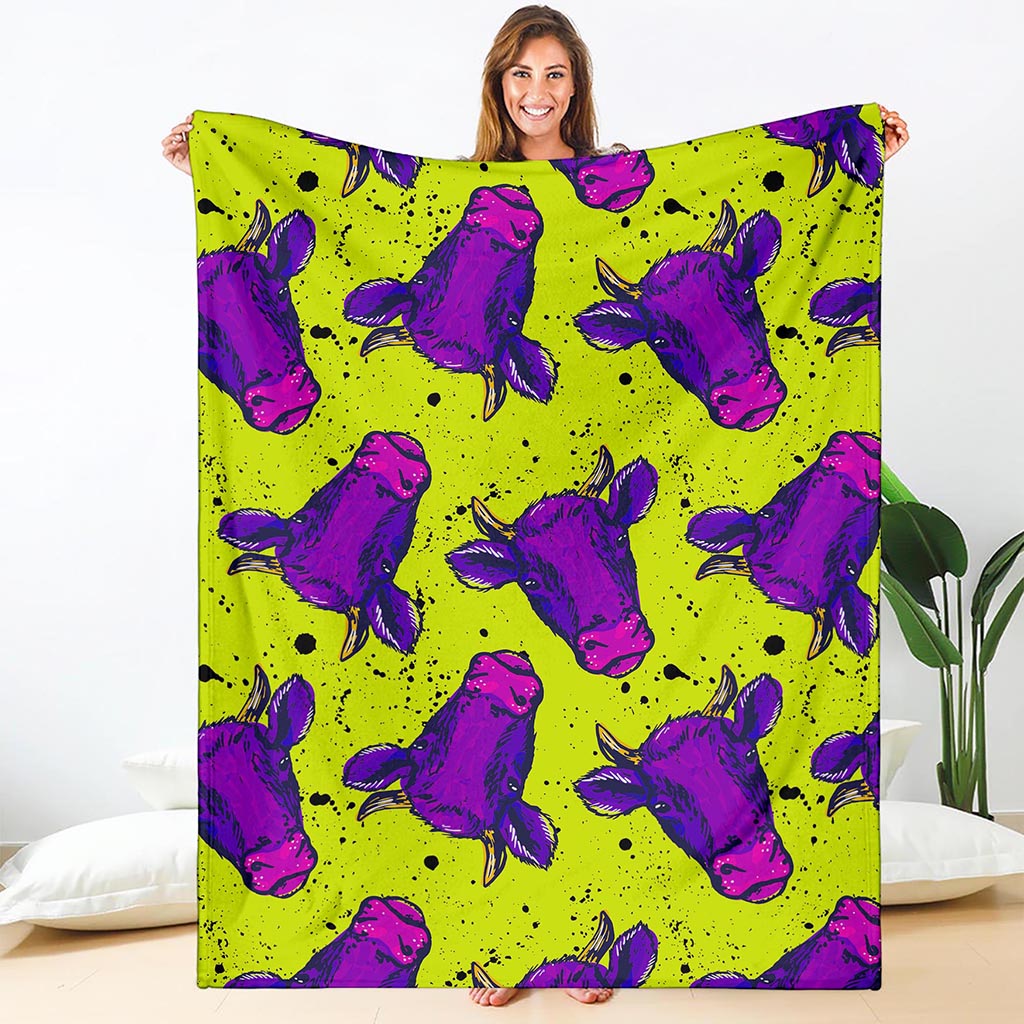 Lime Green And Purple Cow Pattern Print Blanket