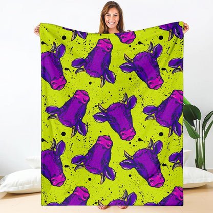 Lime Green And Purple Cow Pattern Print Blanket