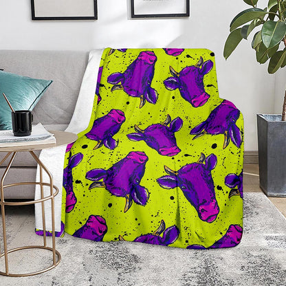 Lime Green And Purple Cow Pattern Print Blanket