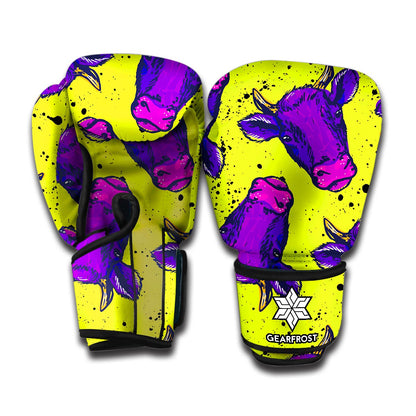 Lime Green And Purple Cow Pattern Print Boxing Gloves