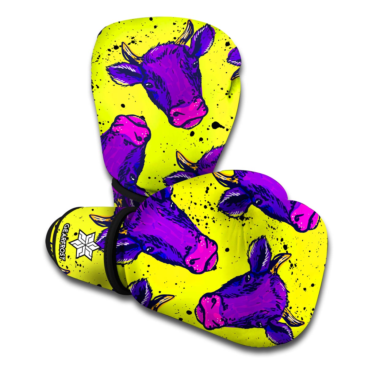 Lime Green And Purple Cow Pattern Print Boxing Gloves