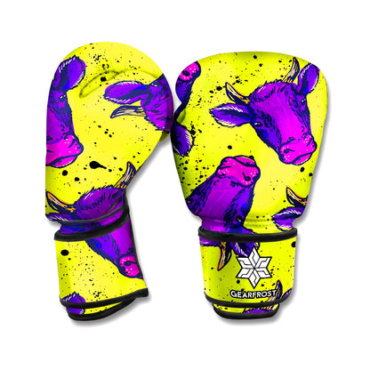 Lime Green And Purple Cow Pattern Print Boxing Gloves