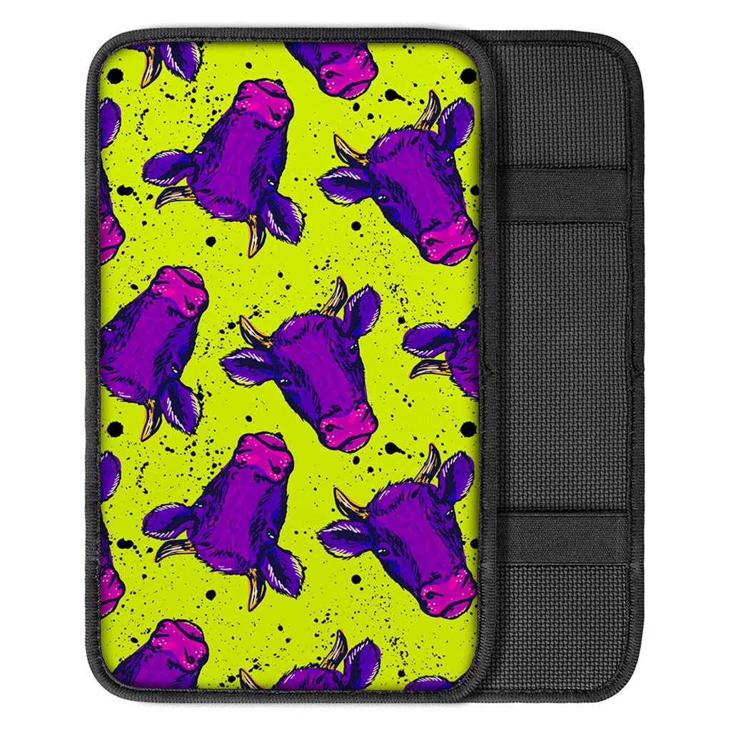 Lime Green And Purple Cow Pattern Print Car Center Console Cover