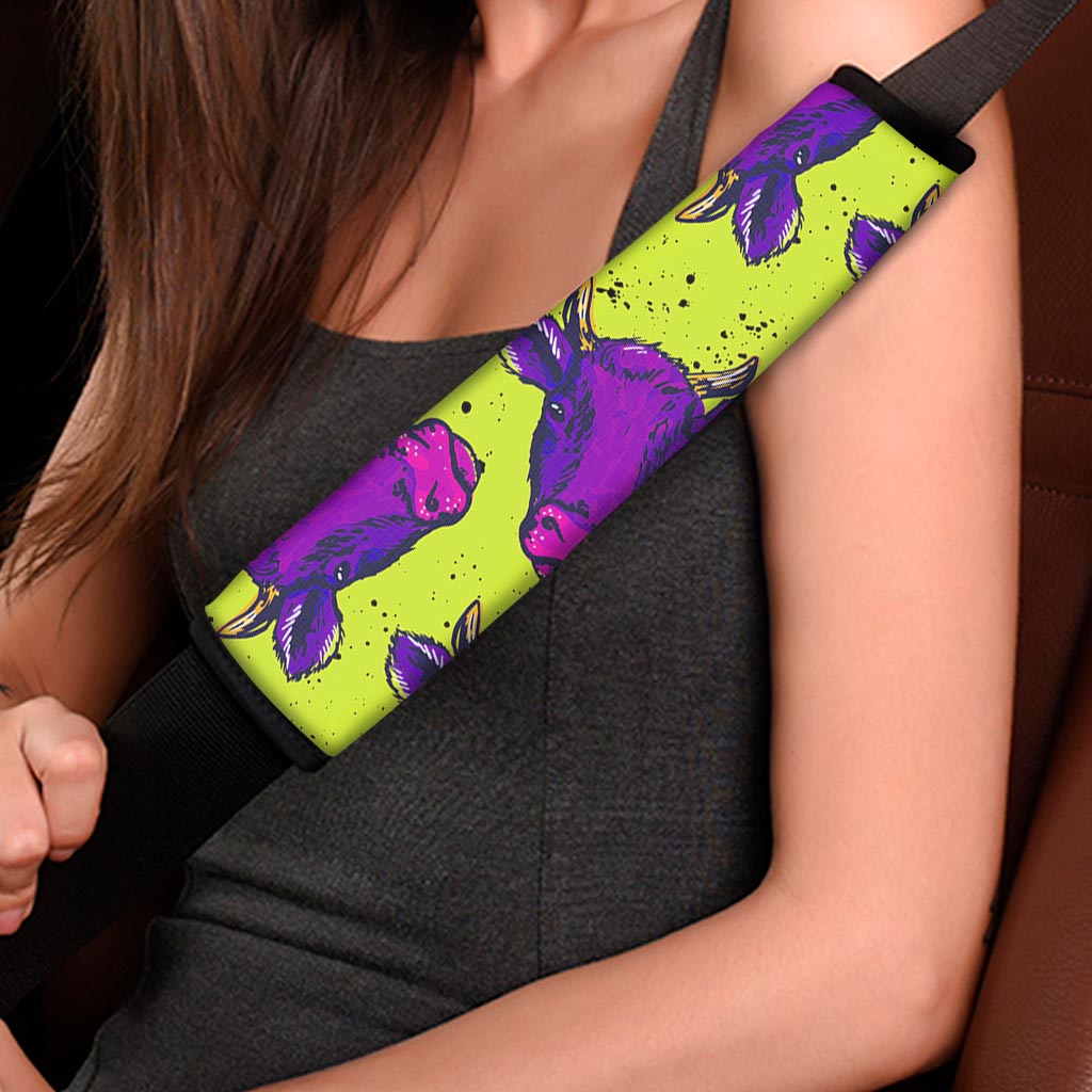 Lime Green And Purple Cow Pattern Print Car Seat Belt Covers