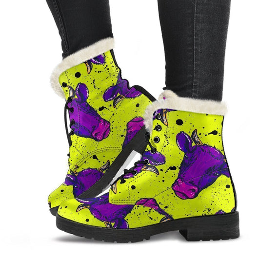 Lime Green And Purple Cow Pattern Print Comfy Boots GearFrost
