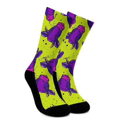Lime Green And Purple Cow Pattern Print Crew Socks