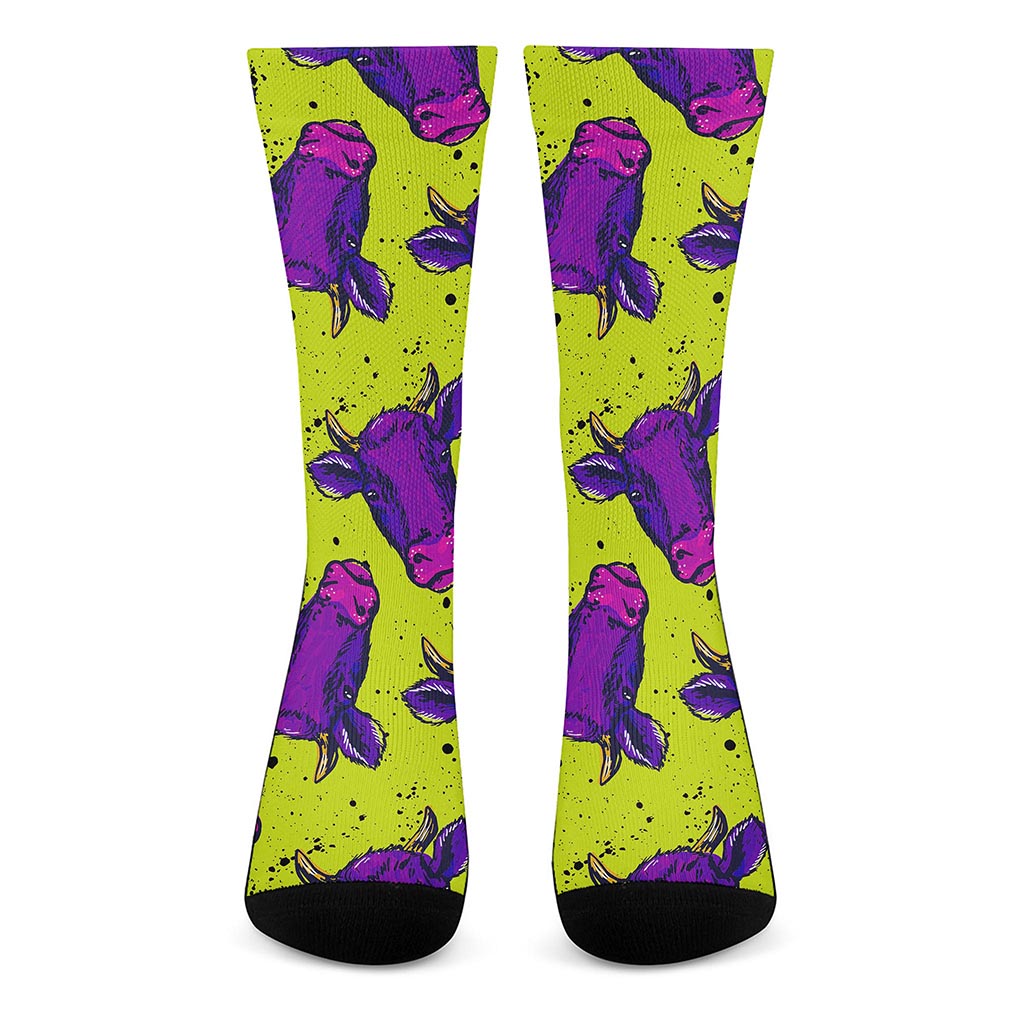 Lime Green And Purple Cow Pattern Print Crew Socks