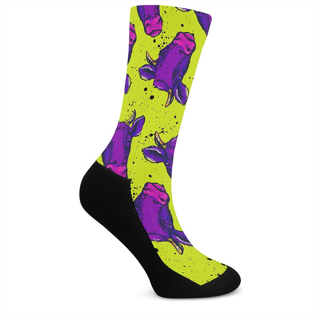 Lime Green And Purple Cow Pattern Print Crew Socks