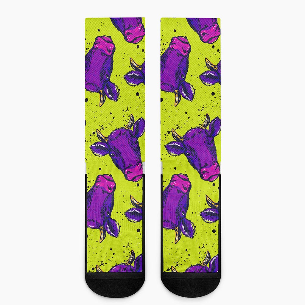 Lime Green And Purple Cow Pattern Print Crew Socks