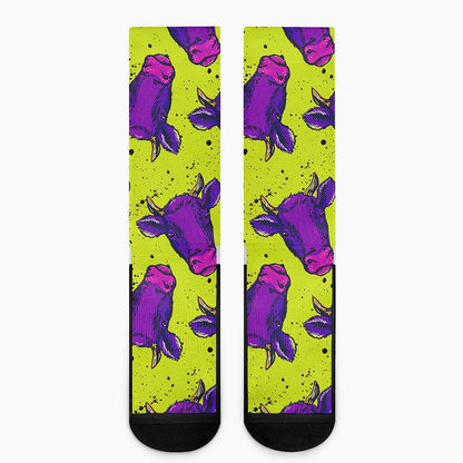 Lime Green And Purple Cow Pattern Print Crew Socks