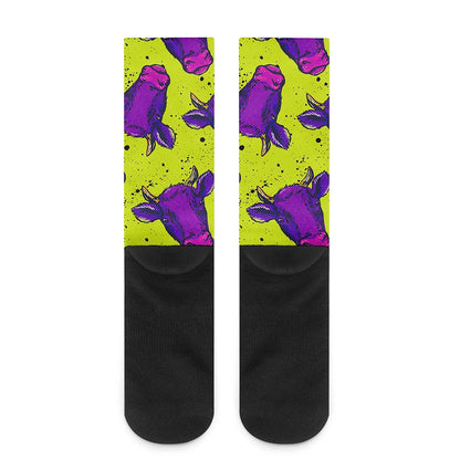Lime Green And Purple Cow Pattern Print Crew Socks