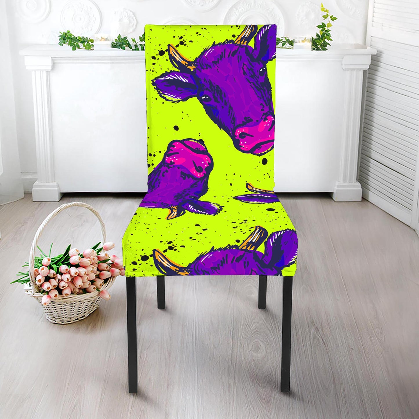 Lime Green And Purple Cow Pattern Print Dining Chair Slipcover