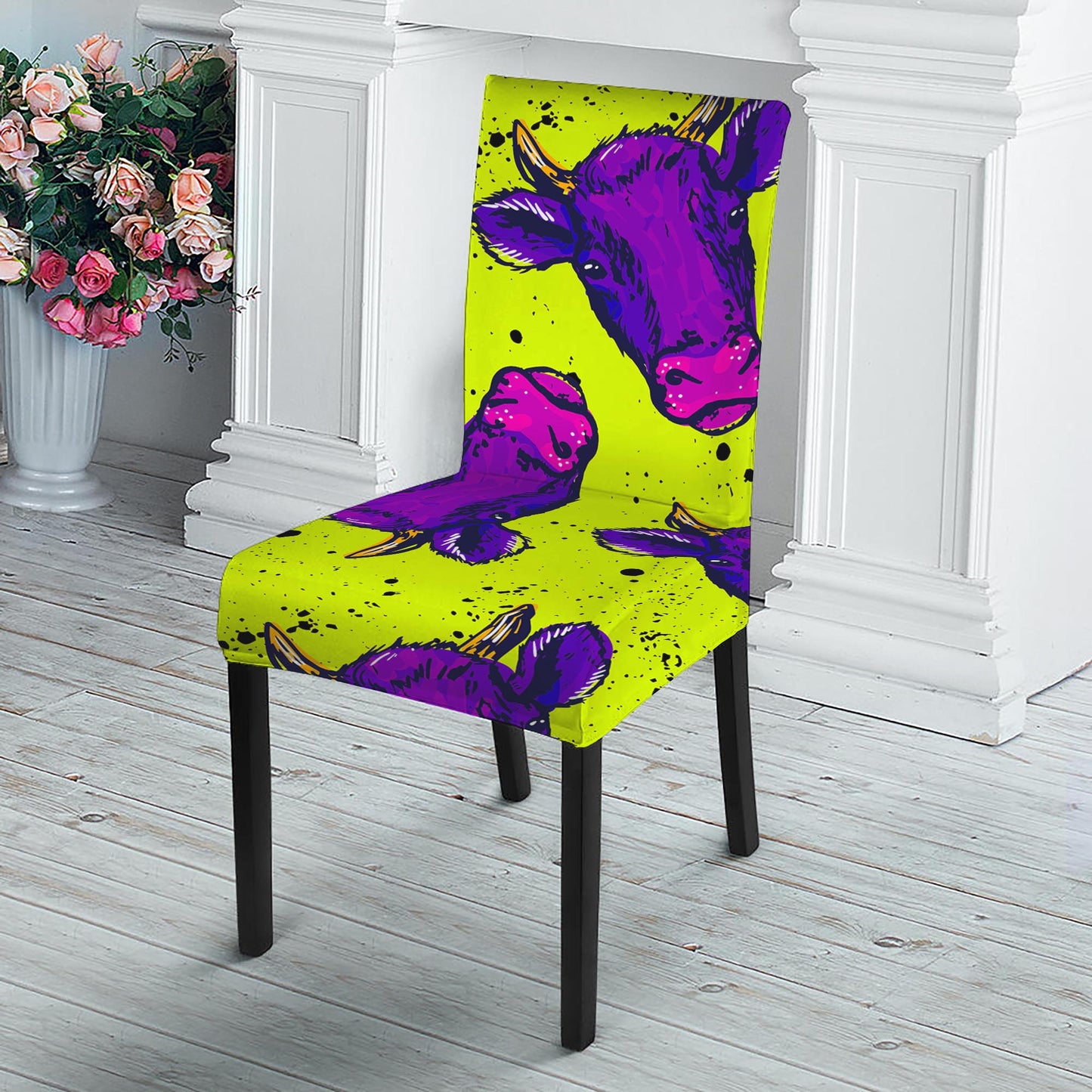 Lime Green And Purple Cow Pattern Print Dining Chair Slipcover