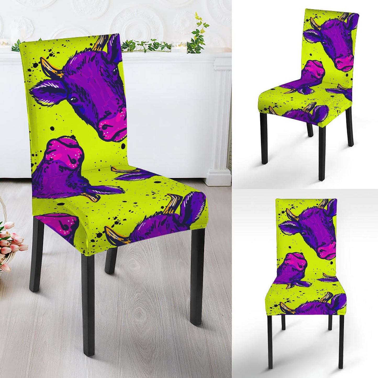Lime Green And Purple Cow Pattern Print Dining Chair Slipcover