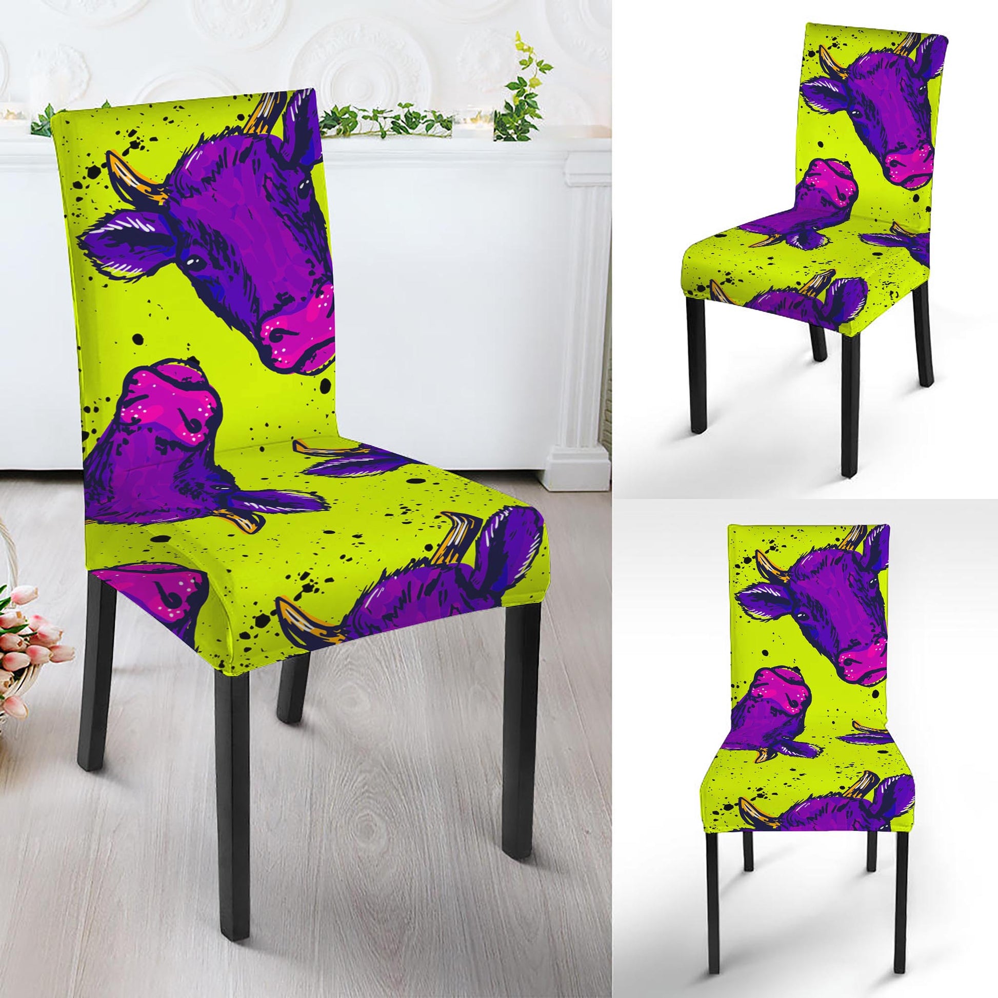 Lime Green And Purple Cow Pattern Print Dining Chair Slipcover