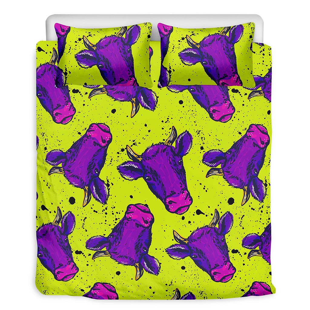 Lime Green And Purple Cow Pattern Print Duvet Cover Bedding Set