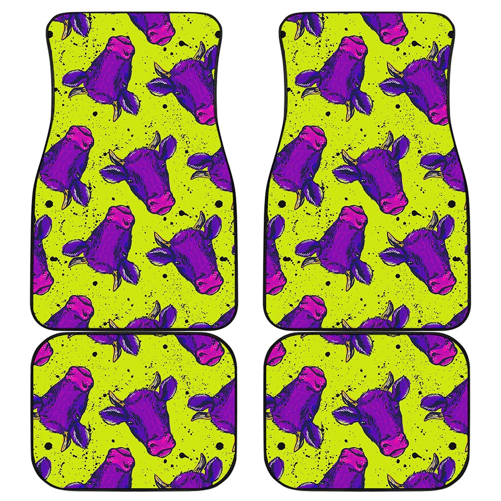 Lime Green And Purple Cow Pattern Print Front and Back Car Floor Mats