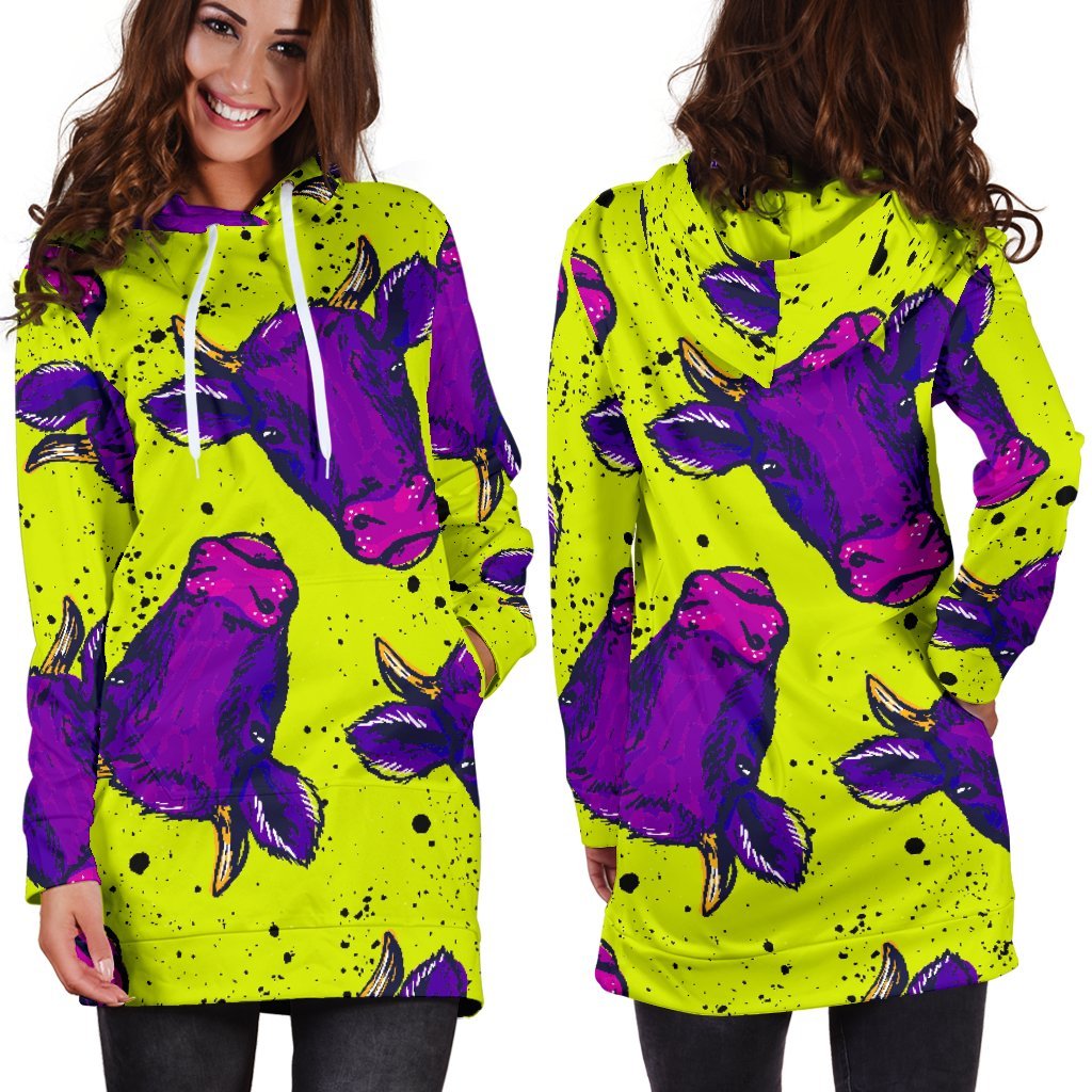 Lime Green And Purple Cow Pattern Print Hoodie Dress GearFrost