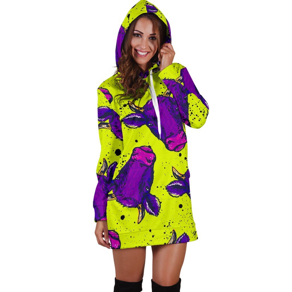 Lime Green And Purple Cow Pattern Print Hoodie Dress GearFrost